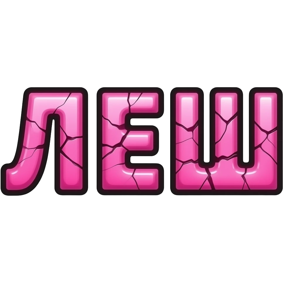 Glossy cracked pink text “ЛЕШ” in Cyrillic, broken gamer aesthetic, thick black outline, neon glow, transparent background, chaotic twitch emote style emoji