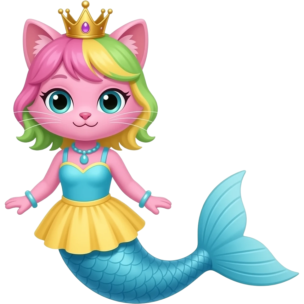 pink anthro cat with pink and green and yellow hair golden crown with light purple necklace light cyan braclets cyan and pink and yellow dress with attached to cyan and light blue mermaid tail with dark blue fins emoji
