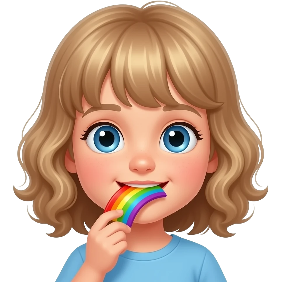 white kid blue eyes mid length hair to shoulders with bangs soft curly hair to shoulders in color: middle to little darker blond. eat the rainbow, explore flavoures emoji