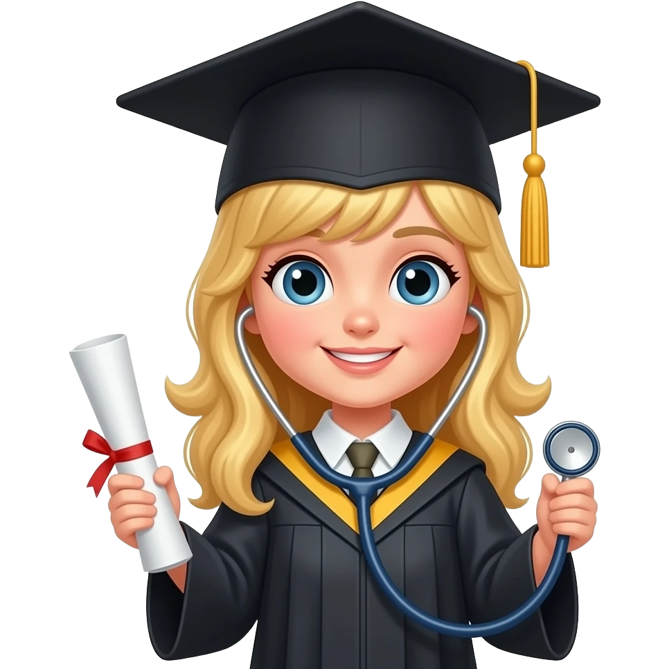 create me an emoji-style png of a white girl student with blond hair wearing a classic black graduation cap major, in a style of "health science" major. In one hand shes holding a rolled up graduation paper, and in the other hand holding a item that represents her major emoji