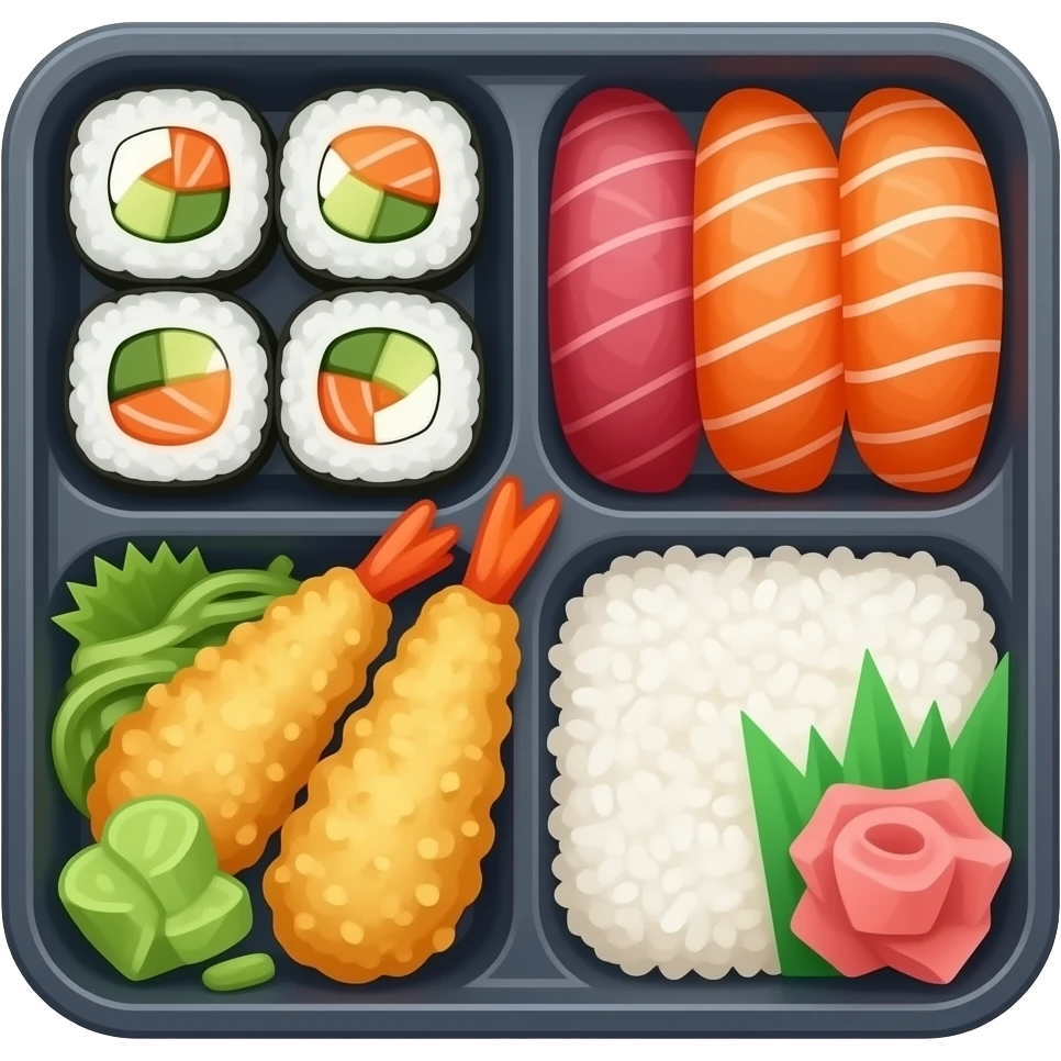 dark grey bento box top view with compartments filled with Japanese food emoji