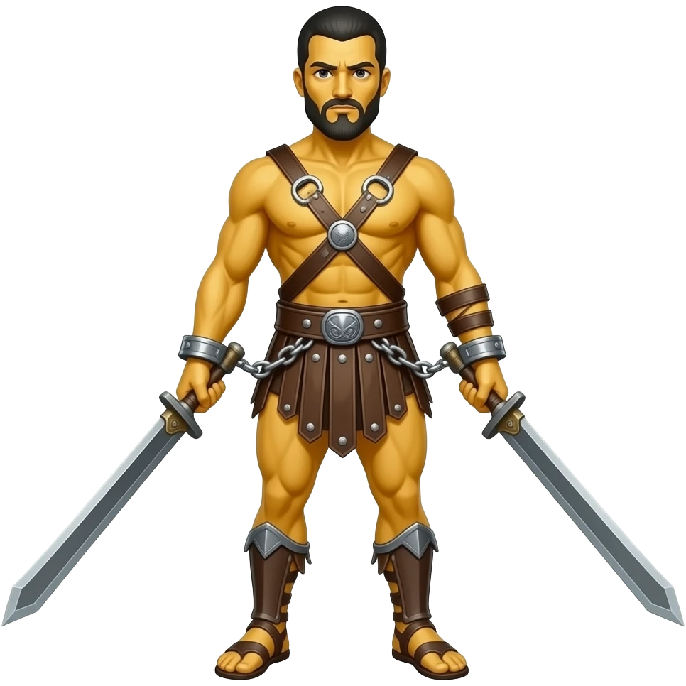 spartacus, minimal, full body, yellow skin, tipical emoji caracter style, more emojis style, more minimal, with weapons, more simplistic, emoji style, not to detail, not to cartoonish, not to realistic, shackles on wrist with broken chains emoji