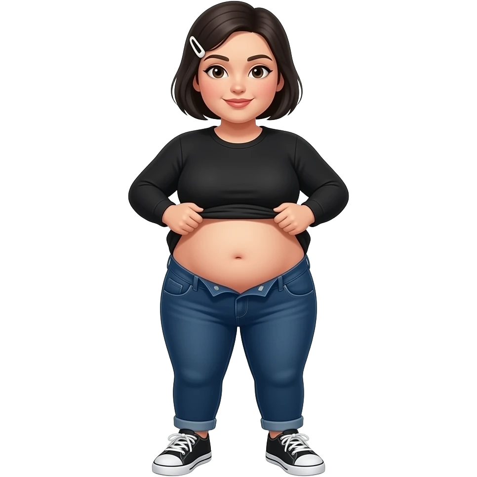 White woman with black short hair, white hair clip on the left of her hair, plain black long sleeve shirt, dark blue jeans, white and black sneakers, and a chubby body lifting her shirt to show her belly emoji