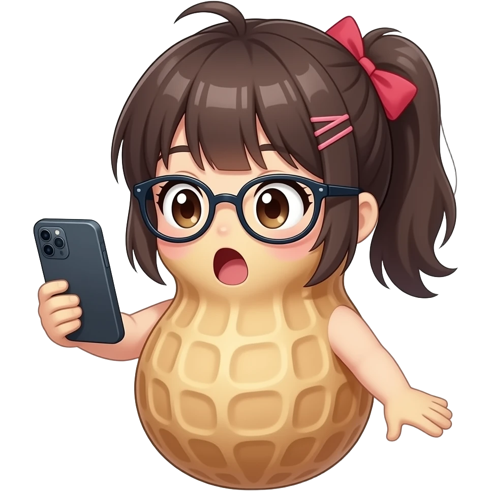 An anthropomorphic peanut -that looks like a peanut with a peanut FACE and hands and body-  wearing glasses,  anime girl hairstyle , holding a phone and looking at it in shock, in an anime style background emoji