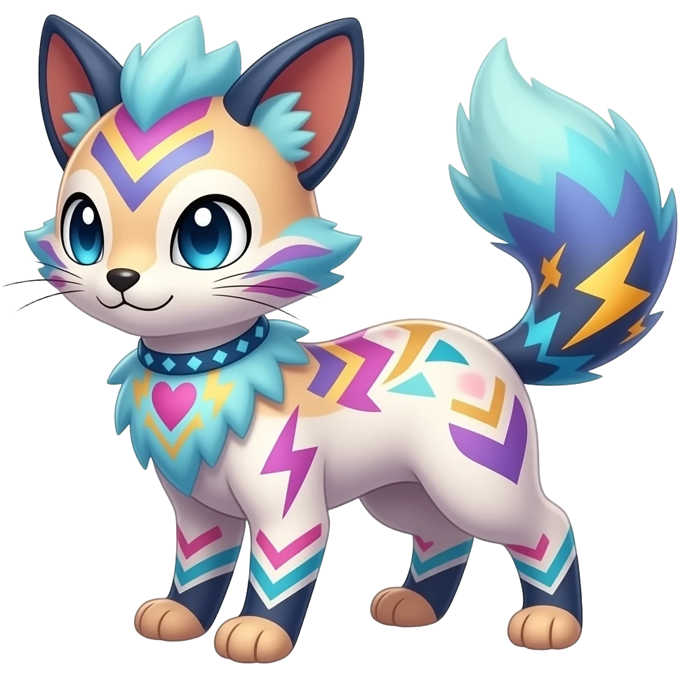 Colorful unique fantasy original shiny smooth soft flurry edgy cool Civet-Absol-Sprigatito-Vaporeon-Fakémon-hybrid with tribal chevron heart floral lightning bolt strikes damask paisley markings emoji