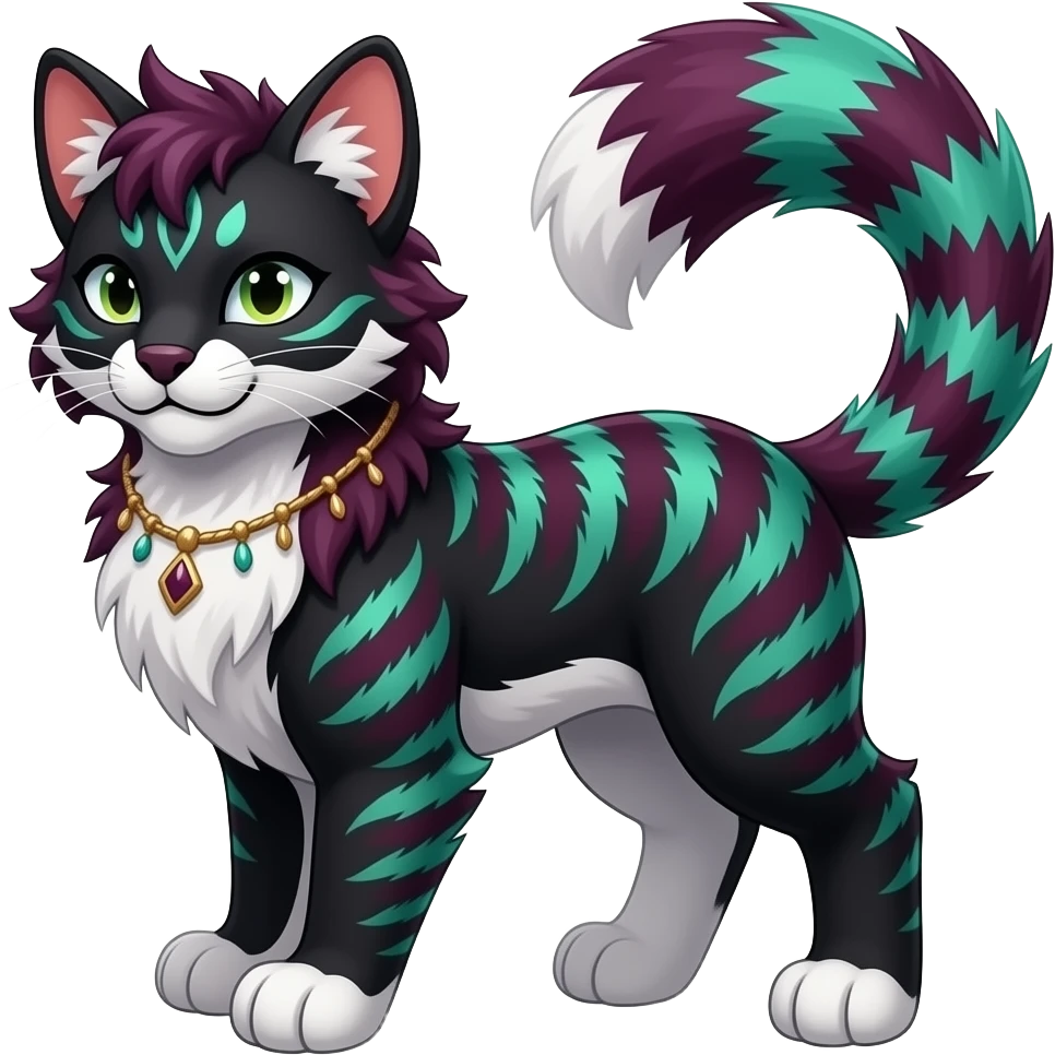Colorful dark tropical feathery tribal dark burgundy wine-red obsidian-black jade-green white glorious iridescent divine exotic cute cool beautiful beautiful fantasy-caracal-civet-genet-sergal-vernid-Gryphon-Cacomistle-Trico-oncilla-animal-Fakémon-hybrid-fursona (full body) emoji