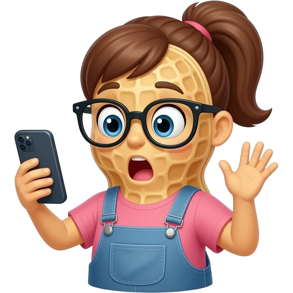 An anthropomorphic peanut -that looks like a peanut with a peanut face and hands and body-  wearing glasses, drawn anime style girl hairstyle and clothes, holding a phone and looking at it in shock emoji