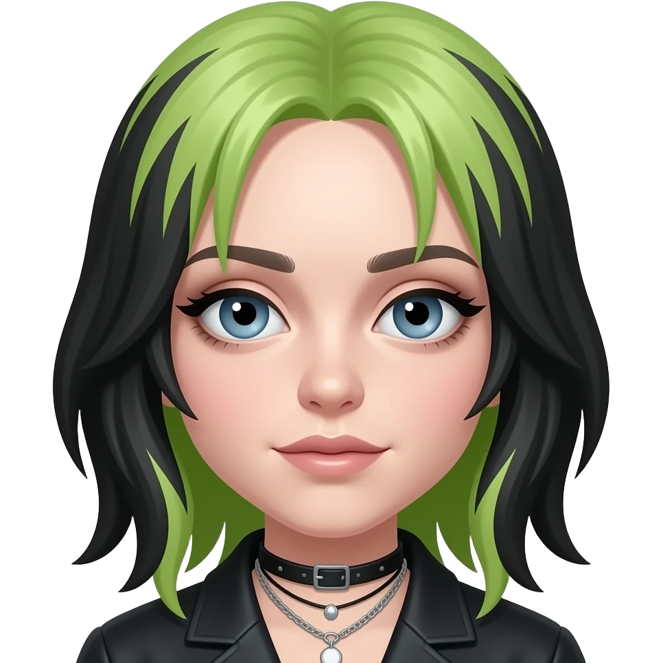 billie eilish emoji iphone avec les yeux bleu gris et les racines des cheuveux noire et les pointes vertes claire mais exactement le meme emoji