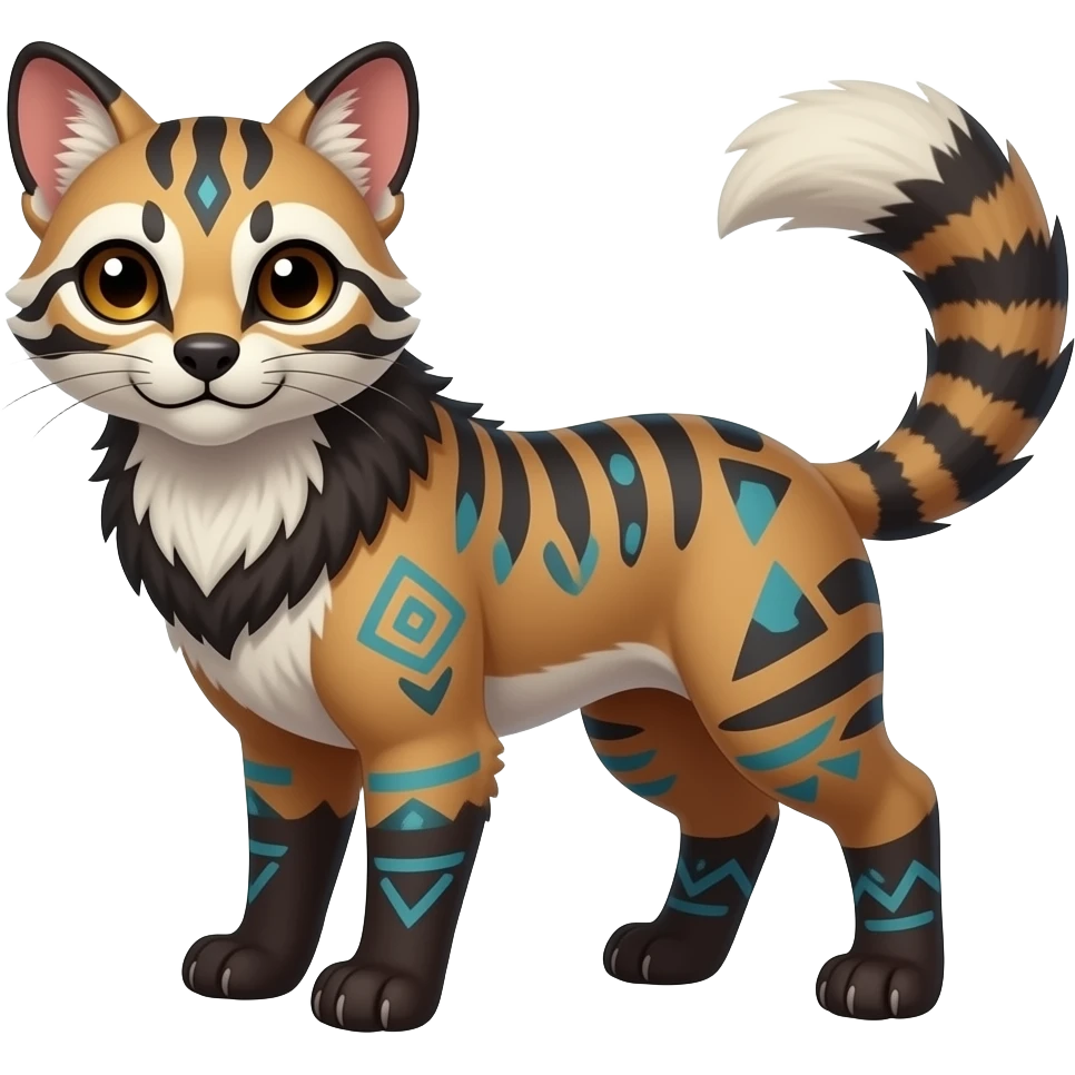 Colorful Civet-Trico-Sprigatito-Fennekin-Manectric-Vaporeon-Fakémon-hybrid with tribal markings emoji
