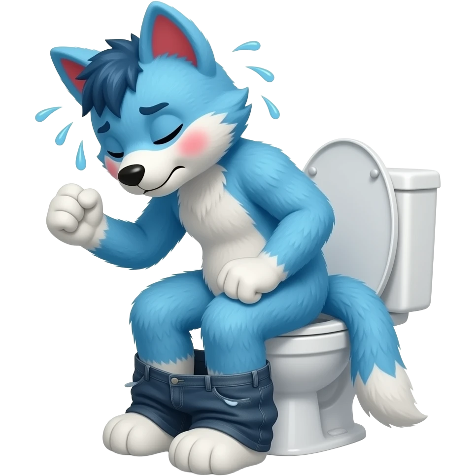 blue fursuit sitting on toilet, pants down, side view , fists, uncomfortable, squeezing, straining, sweating, red cheeks, diarrhea emoji