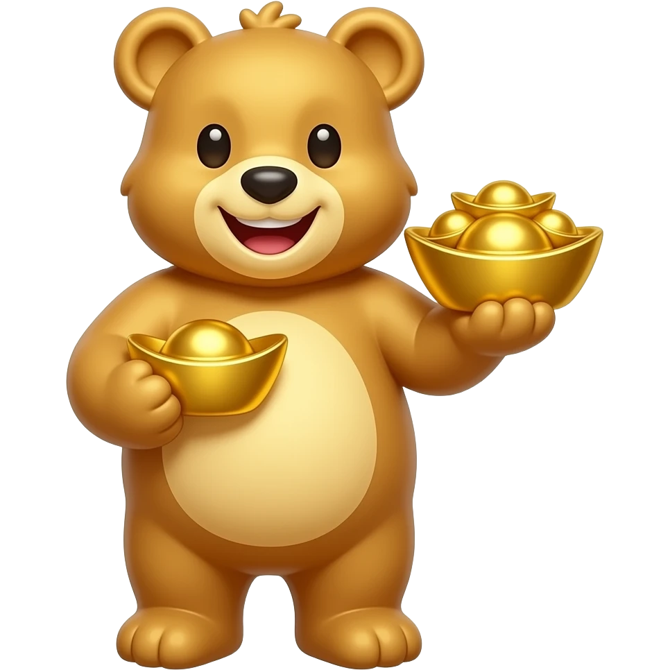 A bear and a lot of gold, holding ingots in his paw, smiling, a golden bear. Create emojis of the right size and format in order to put the image in tg emoji