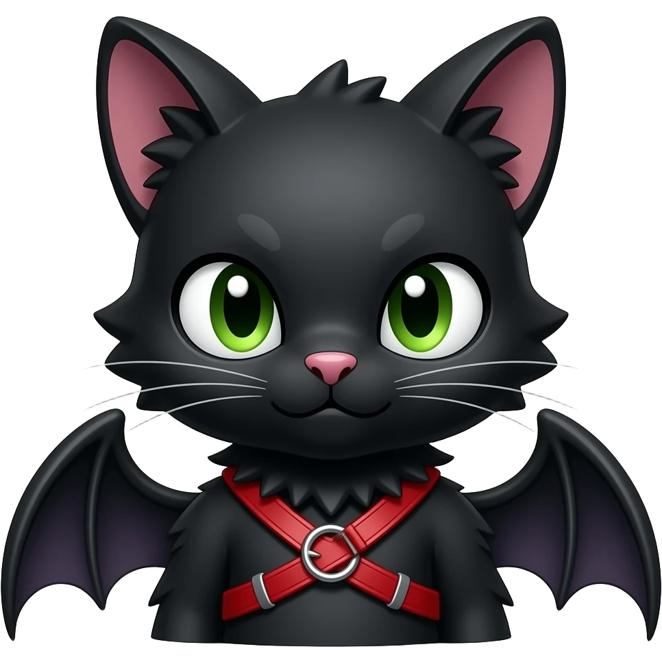 black edgy emo furry bat-cat-fursona-Fakémon with a red chest harness emoji