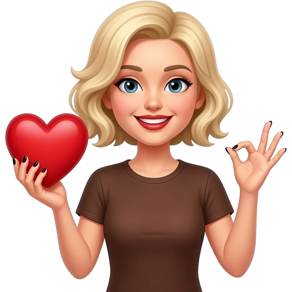 Short blond hair in curly sed swept holding a big red heart  saying I love itin both hands in black polish and dark red lipstick smiling, in a brown t shirt emoji