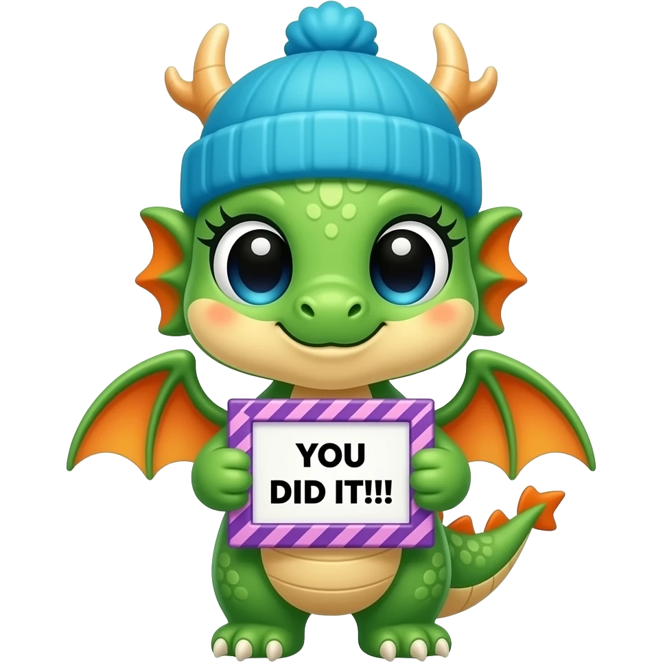 Create a sticker of a super cute kawaii green and orange gradient Animal which Looks Like a dragon facing front with big eyes and long eyelashes and with a blue winter hat holding a colorful purple zig zag frame sign with in front of its chest that says in a funny big black font "YOU DID IT!!!" emoji