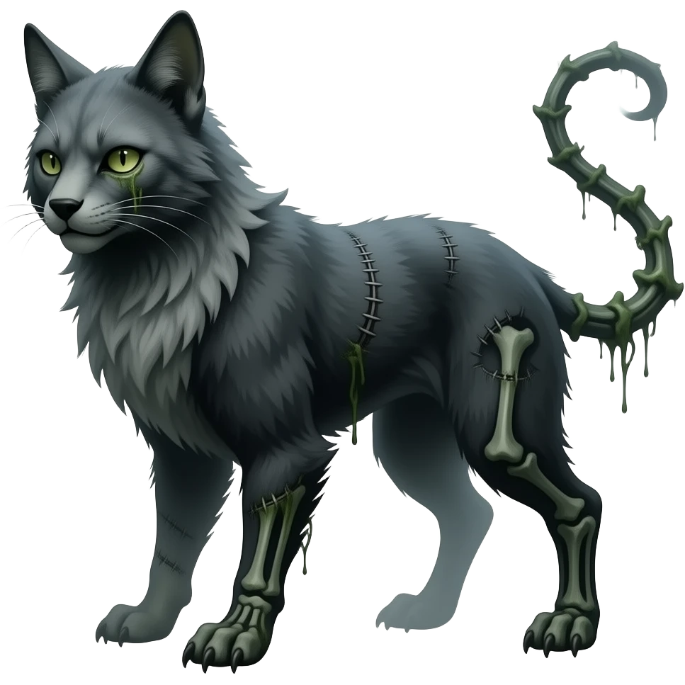 spectral spooky dark bleak blackish swampy gloomy ghostly dark greyish dark-deep-greenish foggy eldritch beautiful realistic edgy fantasy ghoul-like stitched vernid-sergal-fursona animal creature with a bony long thin tail emoji