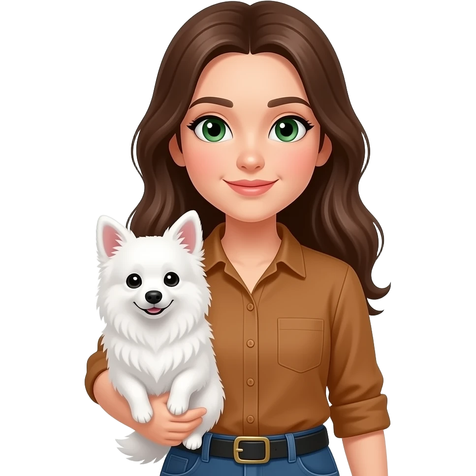 quero uma mulher adolescente blusa marrom olho verde com cabelo grande segurando um spitz alemão branco emoji