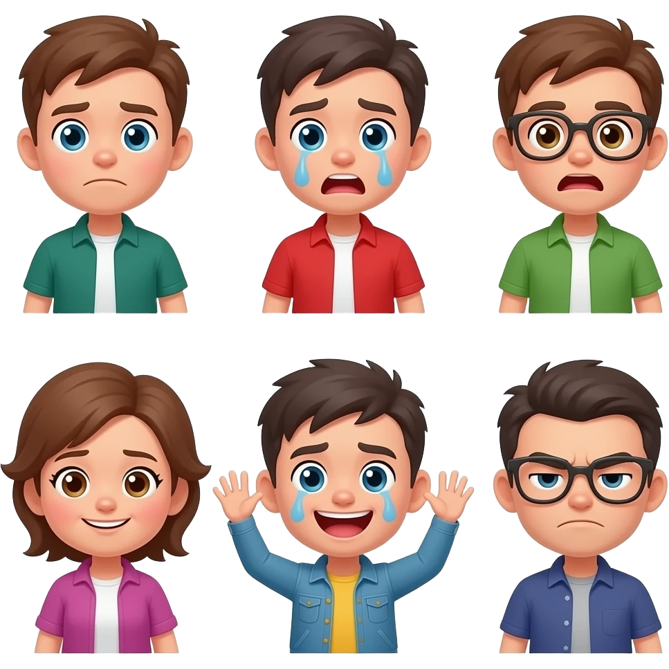 Crear 12 emojis/stickers del mismo personaje manteniendo EXACTAMENTE el mismo diseño, colores, ropa y rasgos faciales. Expresiones: feliz, triste, sorprendido, enojado, riendo, llorando de risa, enamorado, pensando, saludando, celebrando, cansado y modo cool con gafas. emoji