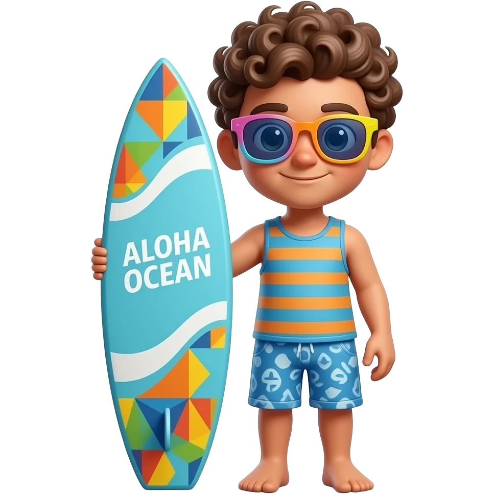 A chibi 3D illustration features a young man with curly brown hair, wearing colorful sunglasses, a blue and orange striped tank top, and patterned blue shorts. He is standing and holding a surfboard with a vibrant geometric design and the text "ALOHA OCEAN" on it. emoji