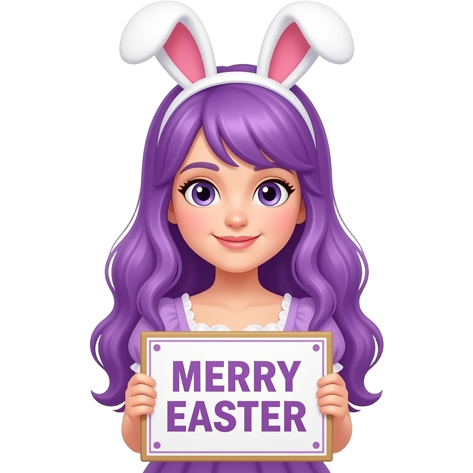 girl with long purple hair wearing a easter costume holding a MERRY EASTER sign emoji