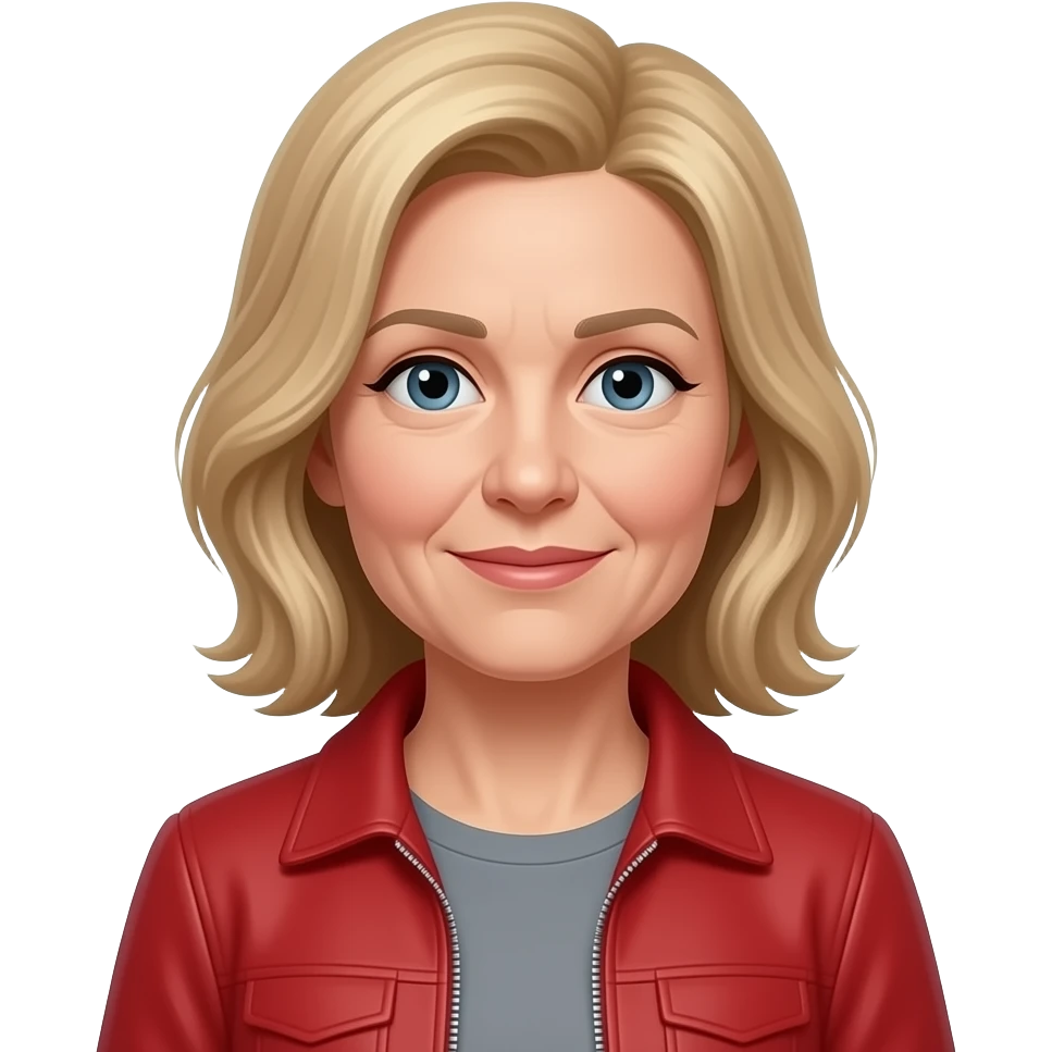 female over 50 below shoulder dirty blonde hair parted on side with red jacket and gray undershirt, make small enough to attach to signature emoji