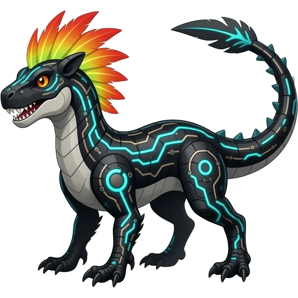 Cool edgy fiery cybernetic technological Circuitry-patterned black-scaled with neon-cyan stripe markings digitigrade futuristic raptorik fantasy-Cyberpunk-Steampunk-Solarpunk-Genesect-Salamence-Cyclizar-Salazzle-Feraligatr-Fakémon-animal-hybrid, with neon feather-mane, and a tail blade, back spikes emoji