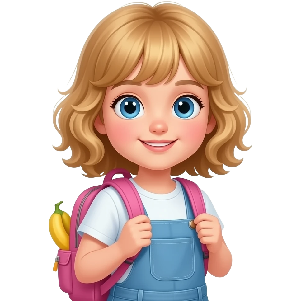 white kid blue eyes mid length hair to shoulders with bangs soft curly hair to shoulders in color: middle to little darker blond. packing pink backback with fruit and puts och outfit for tomorrow emoji