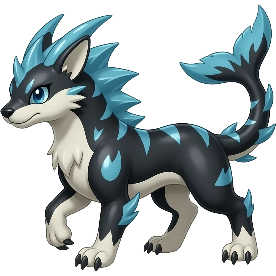 Tough Quadrupedal digitigrade shiny glossy smooth finned frilled gothic tall slim unique epic legendary shiny edgy cool cyberpunk-solarpunk-fantasy-Absol-Sprigatito-Vaporeon-Furret-Manectric-Mudkip-Fakémon-hybrid with an orca tail emoji