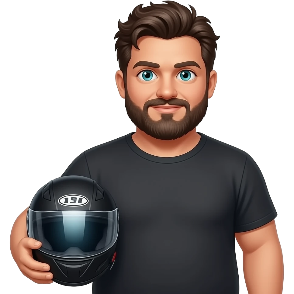 A little bit plus size and blue-green eyed man with a little messy dark brown hair and beardhelding a helmet from motorcycle emoji