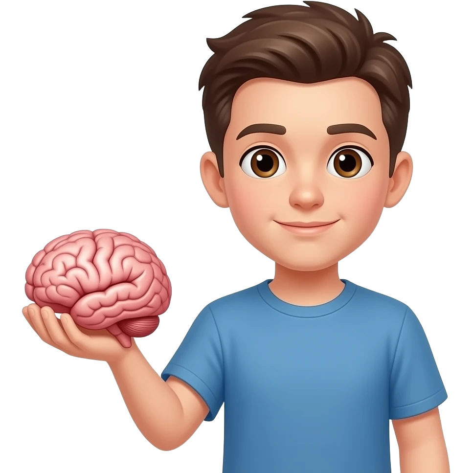 Shaved boy with brown eyes holding a brain in his hand emoji