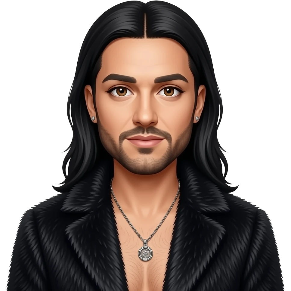Conchita Wurst (Tom Neuwirth) with brown eyes, long black hair and short beard, black fur coat, black metallic baggy pants, shirtless with necklace and earrings emoji