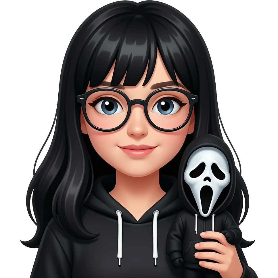 Girl with long black hair and glasses with Ghostface doll emoji