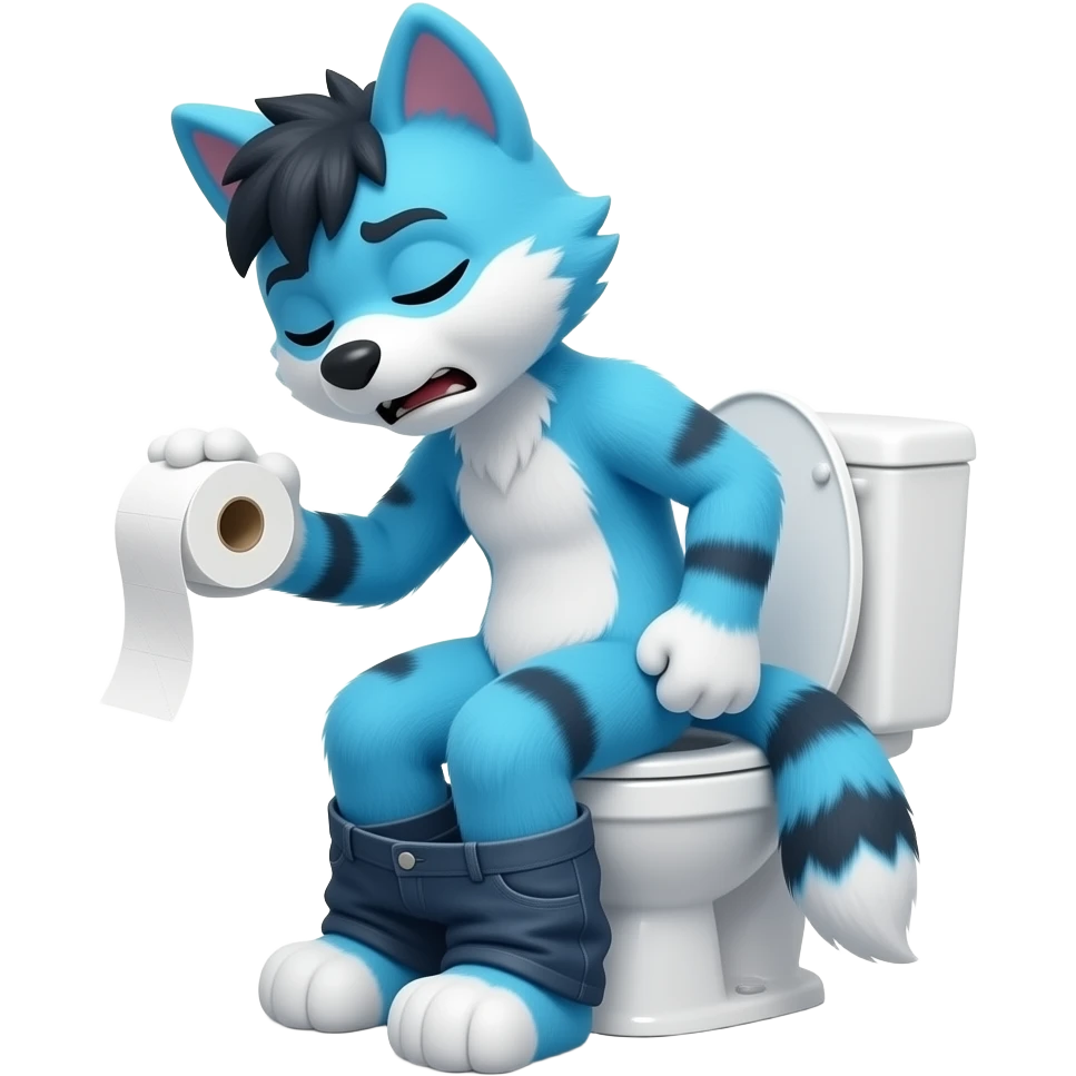 blue fursuit sitting on toilet, side view , pants down, pushing, eyes closed, straining face, holding toilet paper emoji