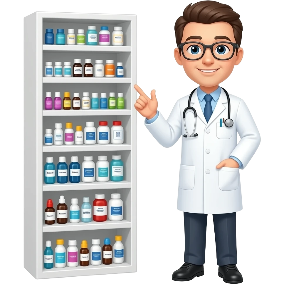 pharmacist standing next to shelf full of pills emoji