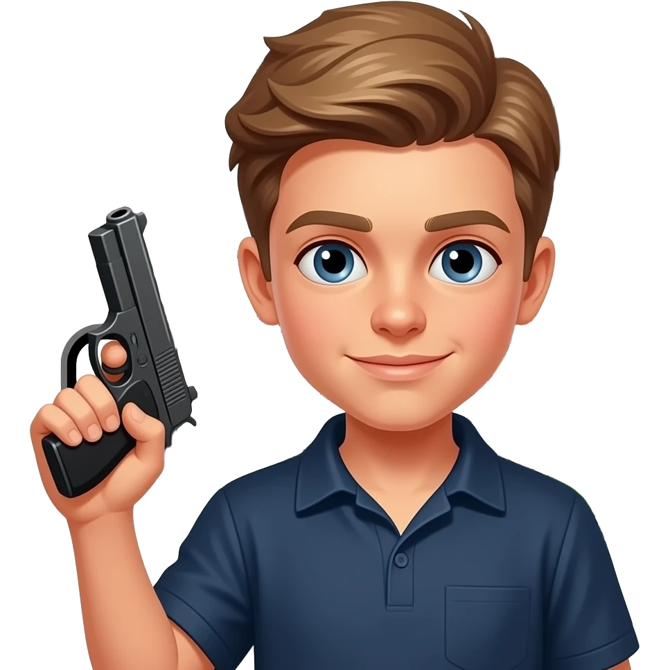 A white boy that has Light brown hair that has a gun in his hand that has A grand theft auto V sign in front emoji