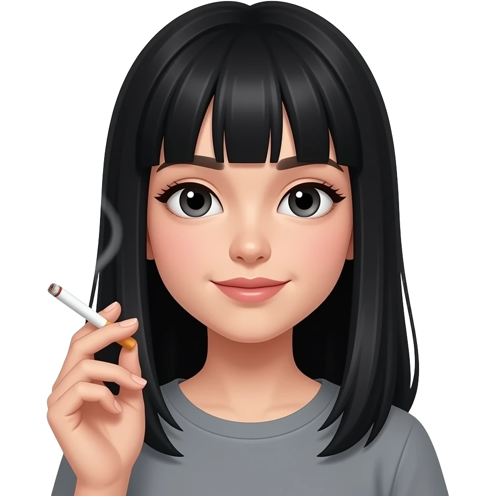 Girl with long black hair and bangs holding a cigarette emoji