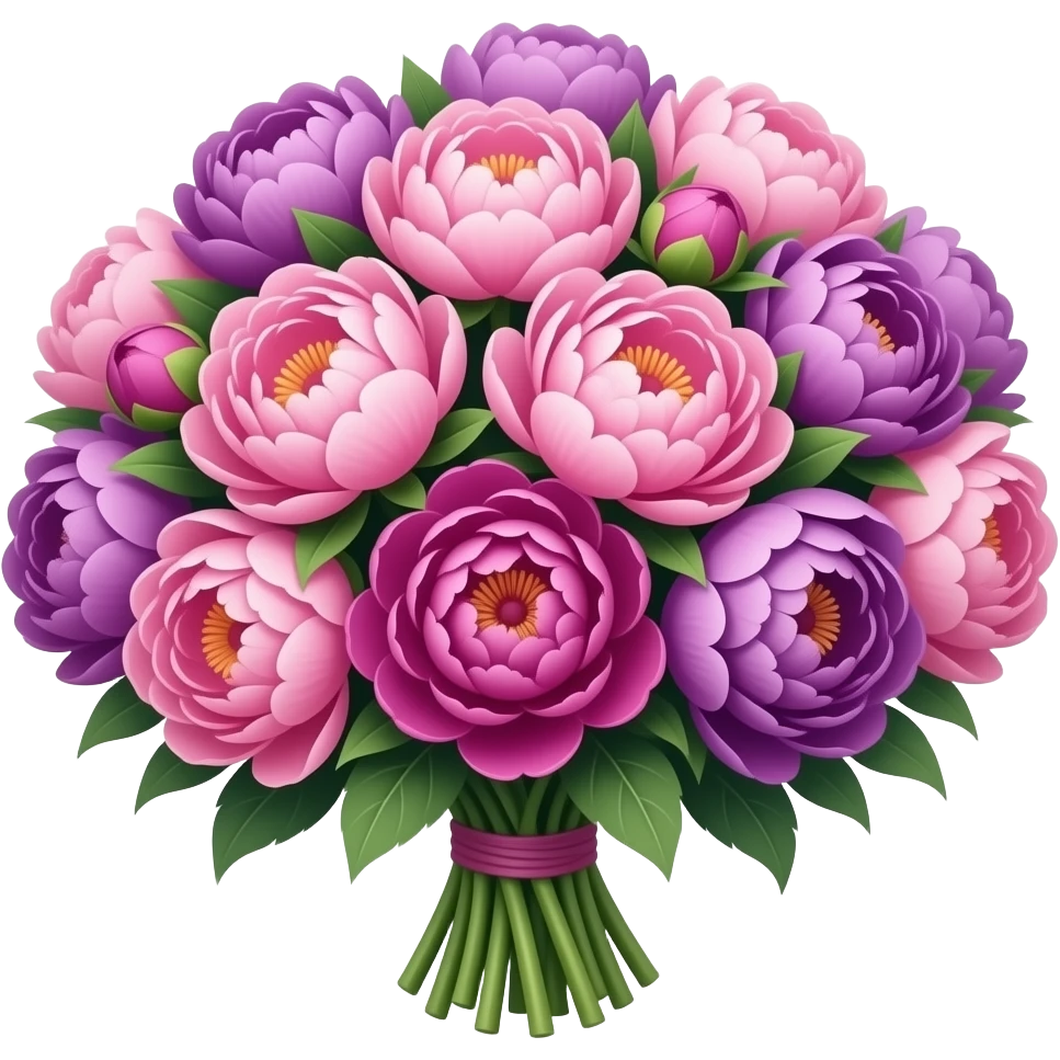 en fin og veldig stor buket med knæsj rosa lilla peoner emoji