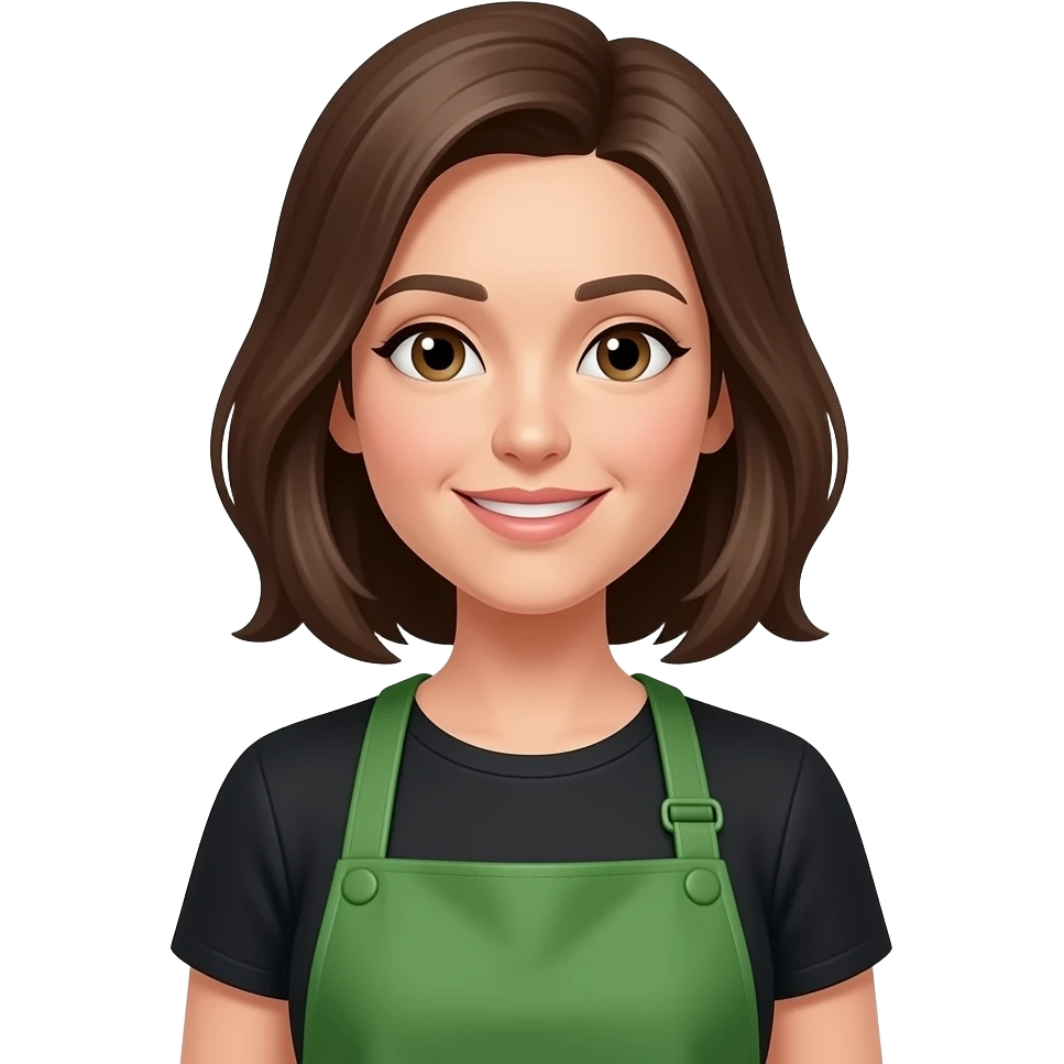 a woman with a green apron and a black top emoji