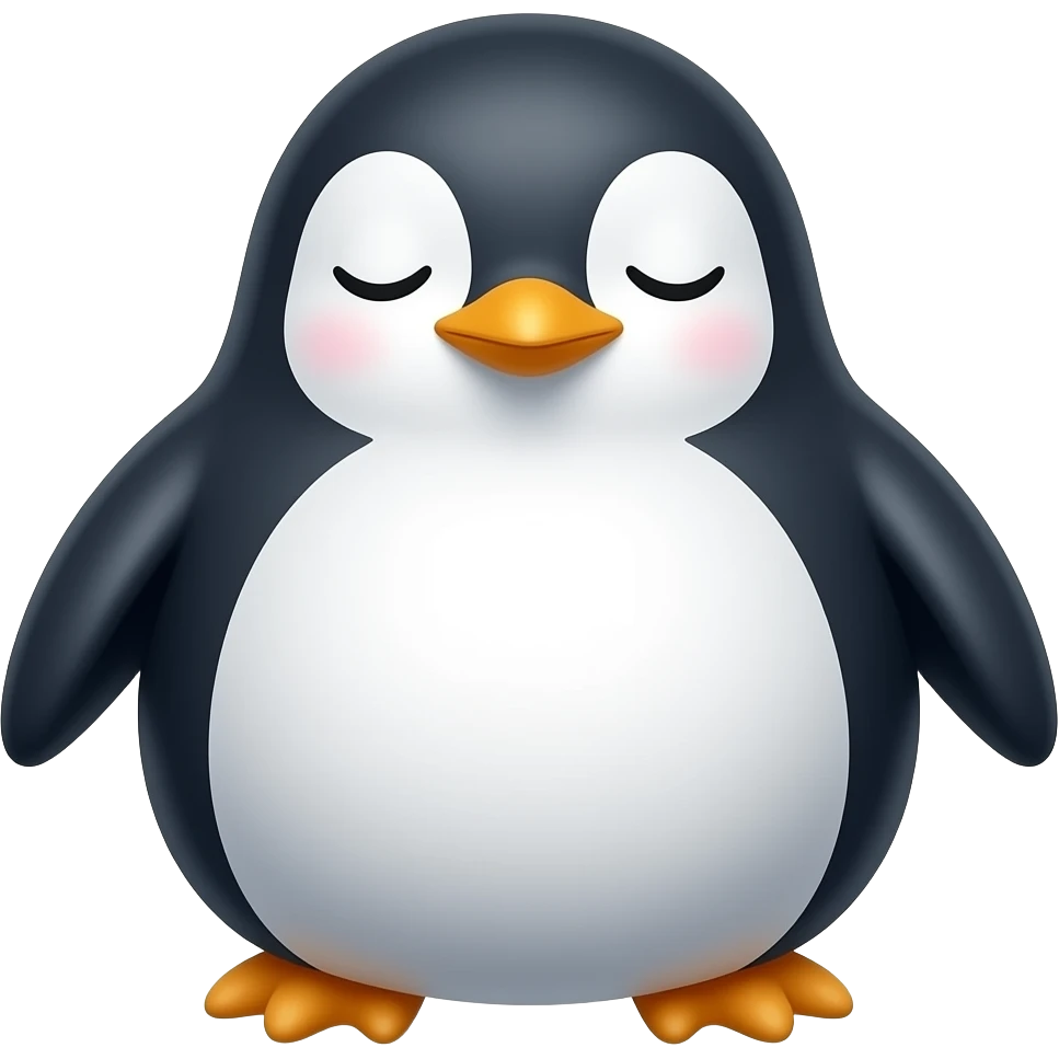 Sleepy penguin emoji, half-closed eyes, calm face, tiny beak, soft rounded body, cozy 3D emoji style, clean white background emoji