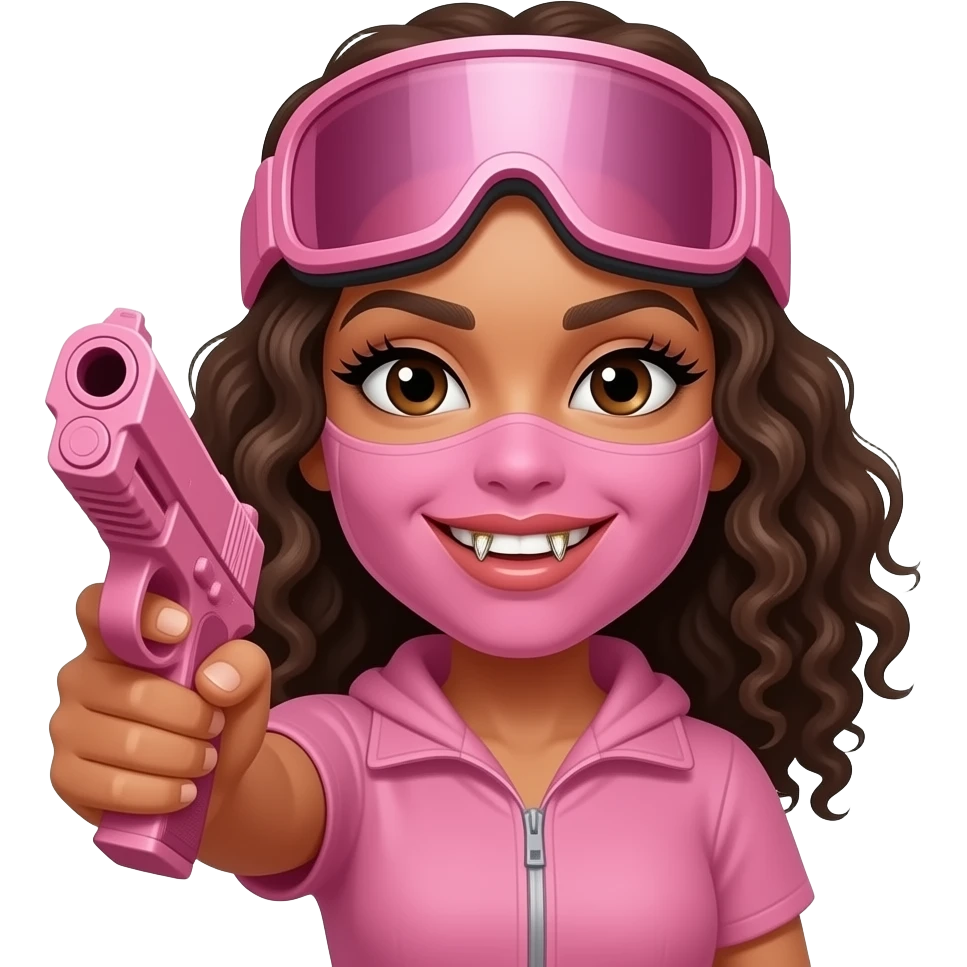 Smiley face tan woman with grillz. Curly hair lashes, wearing a pink ski mask. holding a pink gun emoji