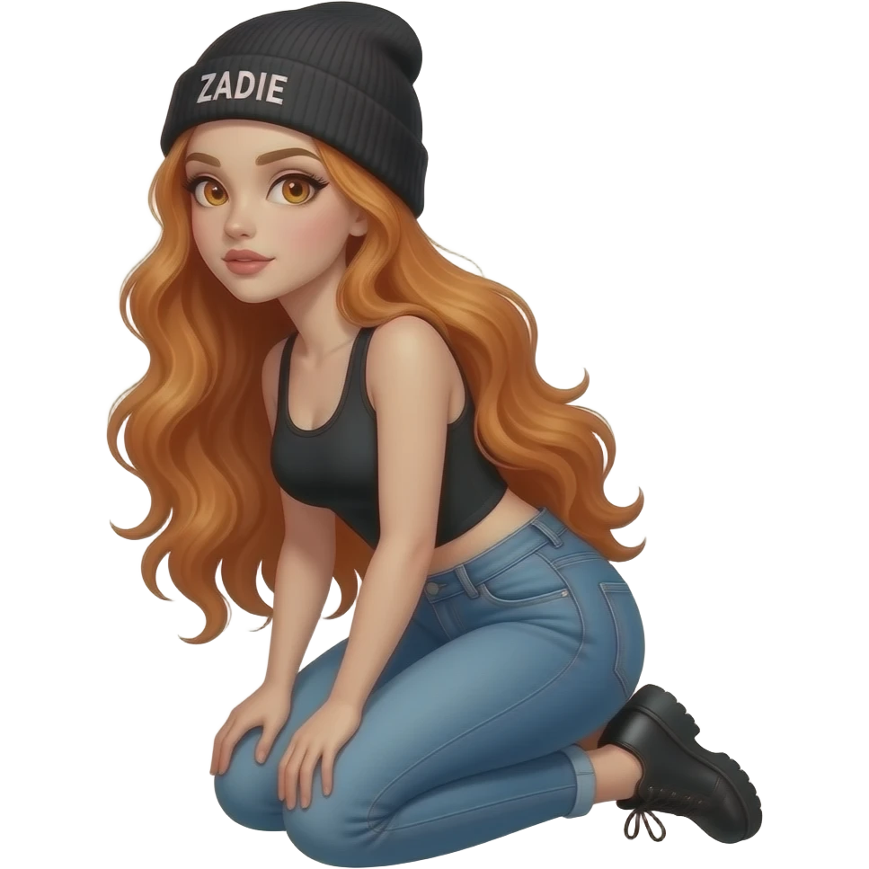 sexy girl with overlong wavy ginger hair and ginger eyes wearing a black tanktop and a black beanie with ZADIE written on it,  is on her knees from the side emoji