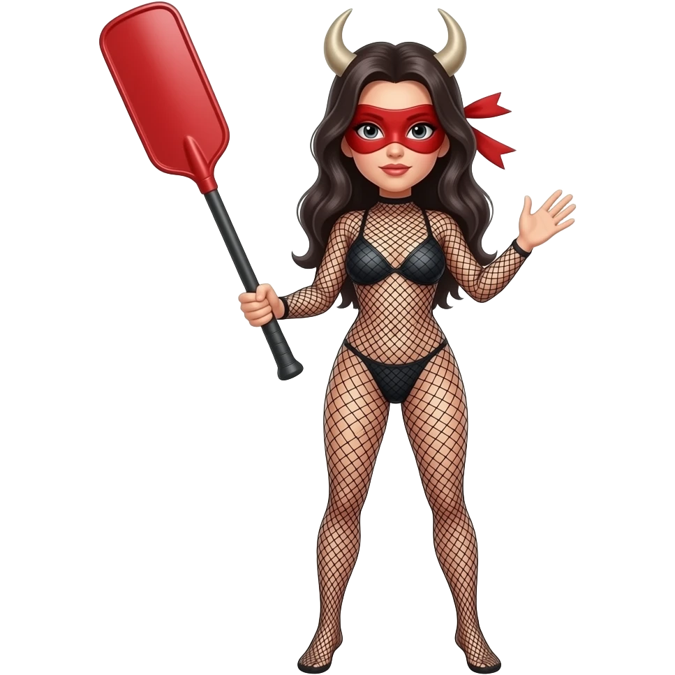 Woman with long dark hair, wearing a fishnet bull body suit,  holding a red  paddle in one hand and a red blindfold in the other hand, (fullbody), highly detailed, hyper real emoji
