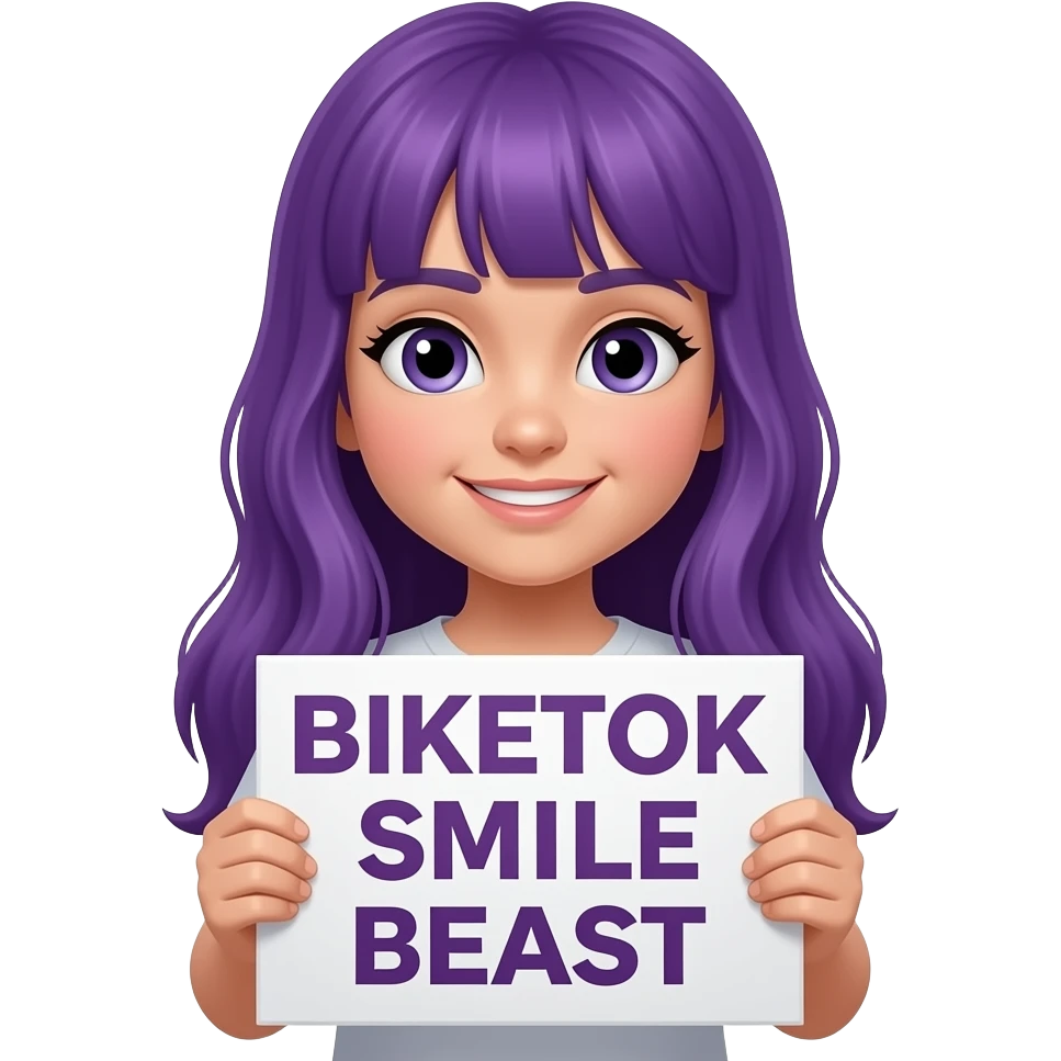 girl with long purple hair with a BIKETOK SMILE BEAST sign emoji