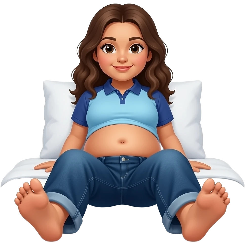 Hispanic girl with brown hair and light blue and dark blue polo with chubby belly button and dark blue baggy jeans laying down on bed showing her feet emoji