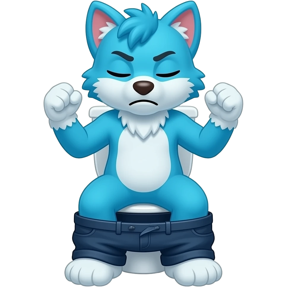 blue fursuit sitting on toilet, front view , pants down, pushing, eyes closed, straining face, fists emoji