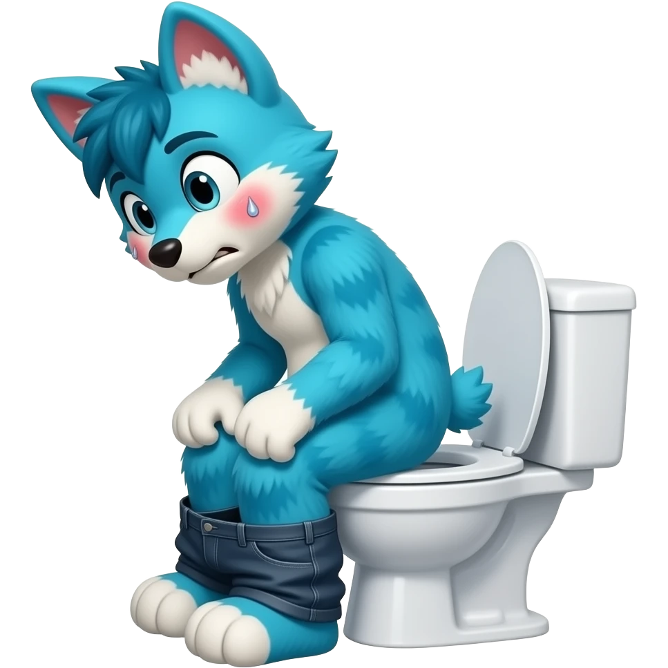blue fursuit sitting on toilet, side view, pants down, straining face, red blushing face, sweating, pain, pushing, both fits emoji