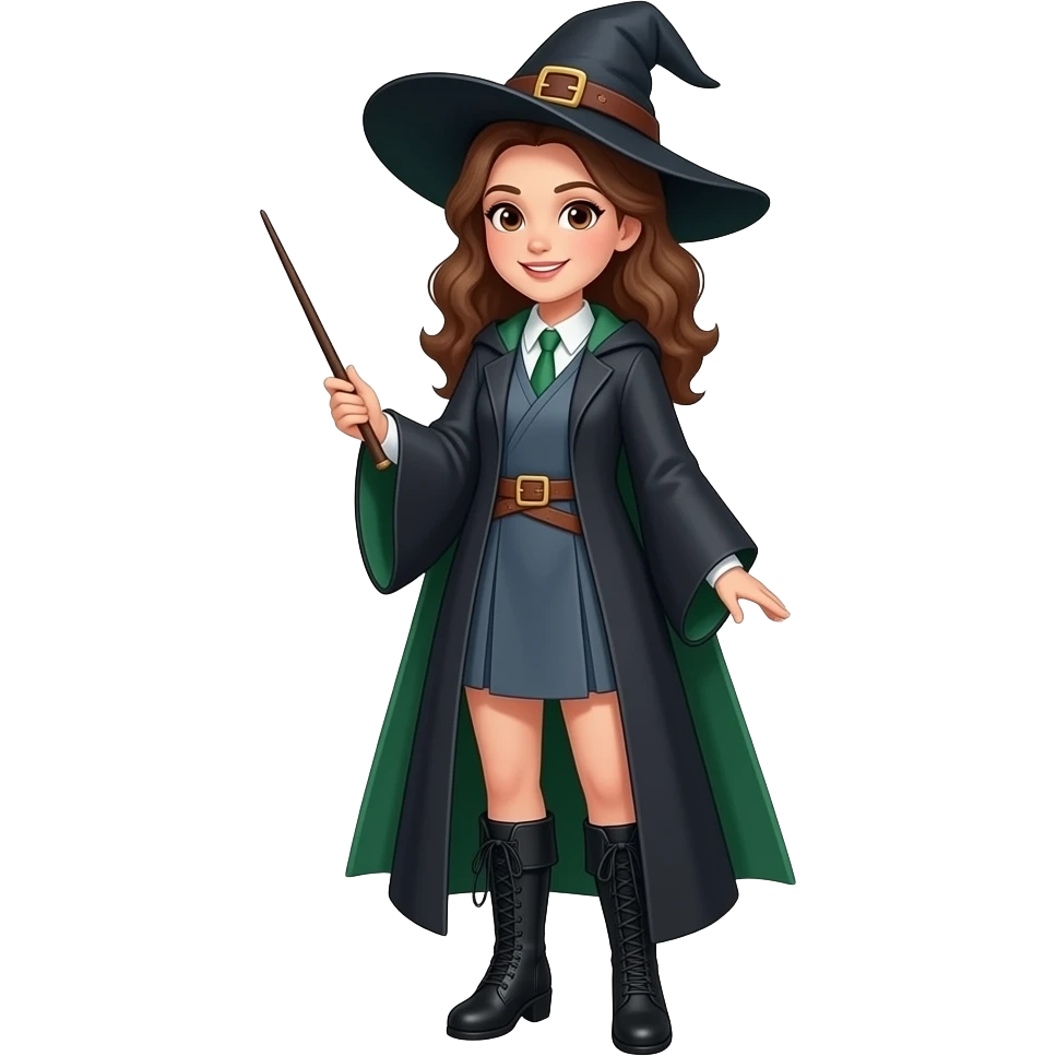 A full body White/Fair skinned woman with brown hair and brown eyes and wearing a long light Blue and forest green Witch outfit with black ankle boots and holding a plain pure black wand. emoji