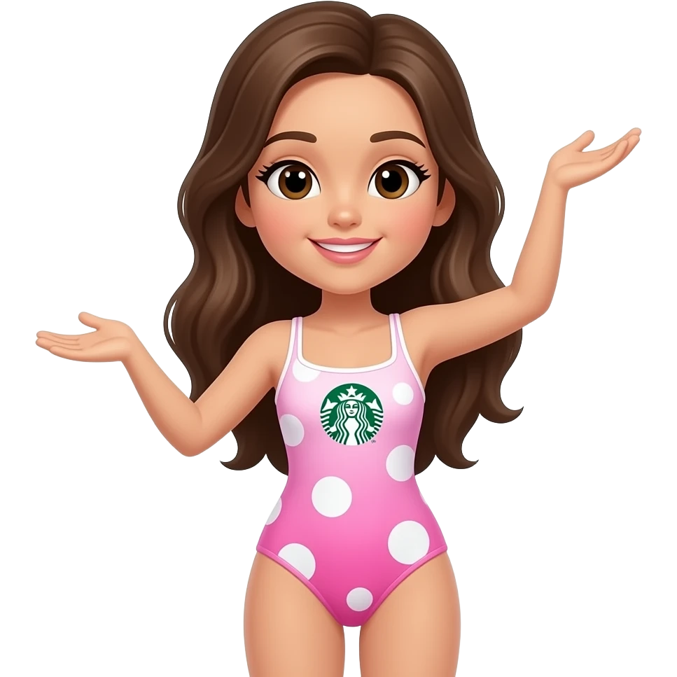 A pink Mrs girl dancing hawaiian wears a pink white Brown hair and pink dots in white gradient swimsuit white dots and pink big dots and white pink gradient corals and starbucks one piece swimsuit emoji