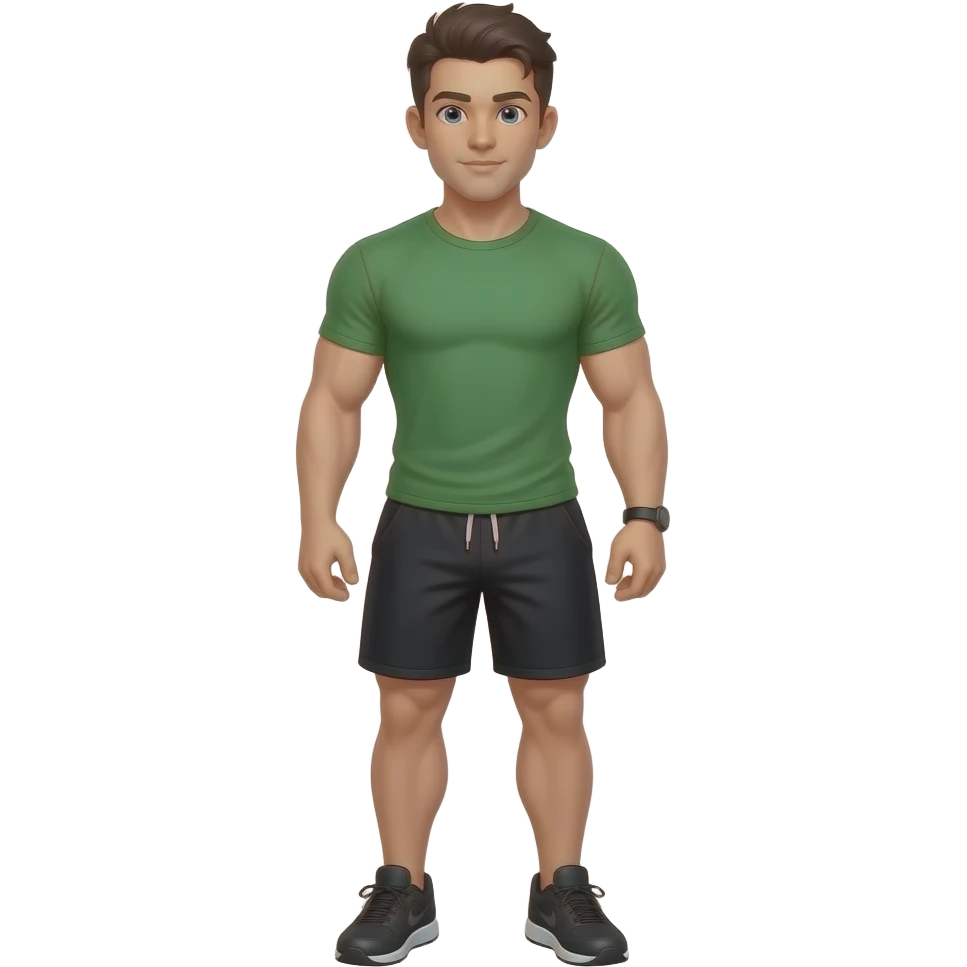 muscular jock with dark brown hair, combed back, wearing a green t-shirt, black shorts, black athletic shoes and a black bracelet emoji