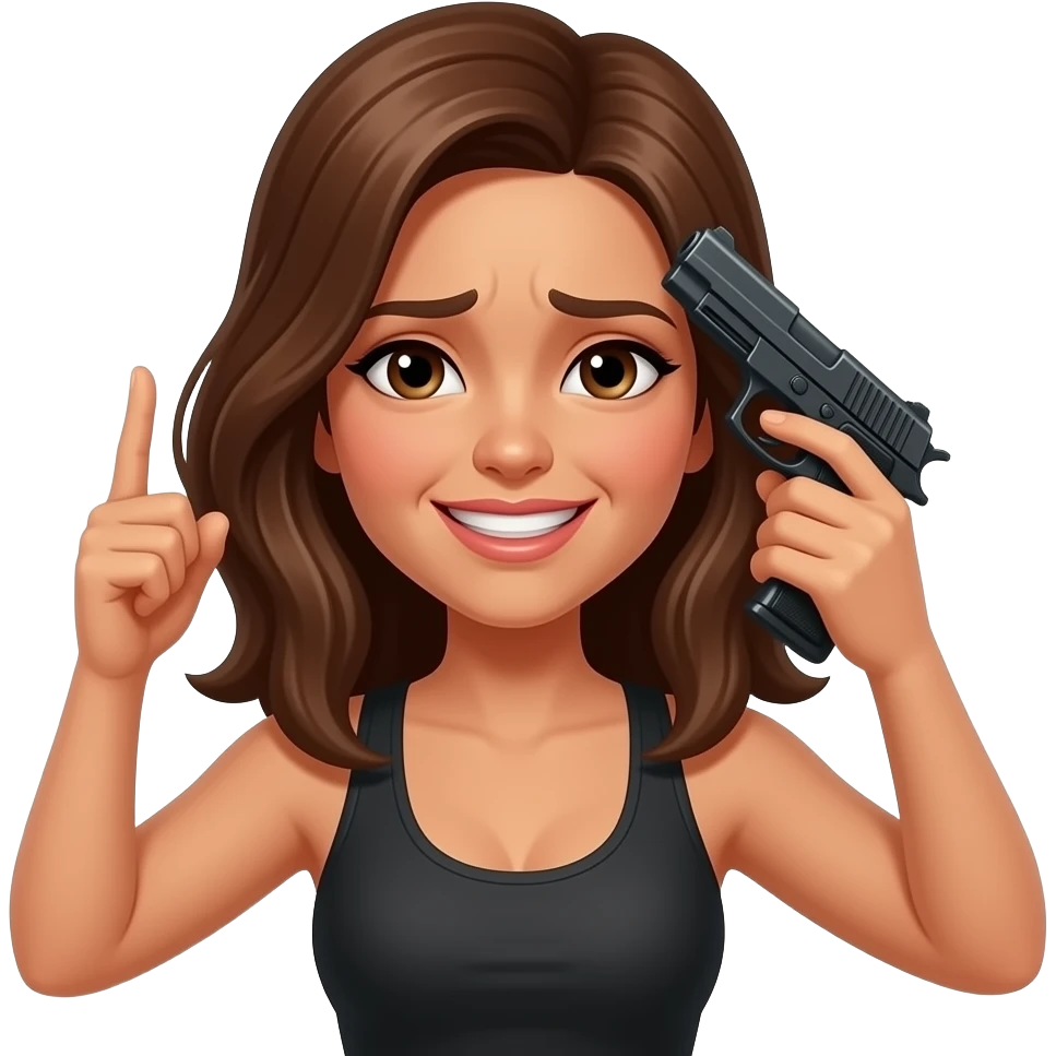 yellow female with brown hair emoji painful smile 😃 with holding 🔫 to side of head emoji
