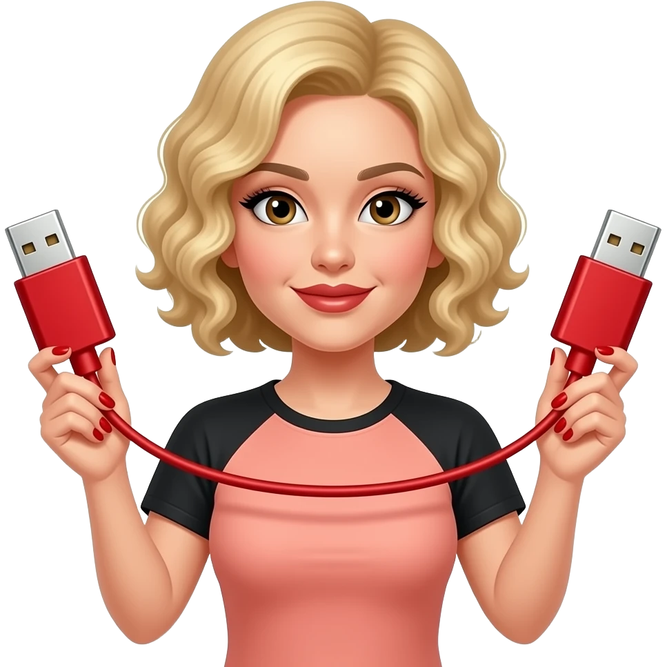 above neck Short blonde curly hair holding a massive two red USBS with wire going across them  with two hands, red finger nails and brown lipstick and black eyebrows and black eyelashes in a black and peach short sleeve shirt emoji